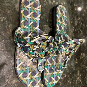 Tory Burch Geometric Blue Green Tan Sandals